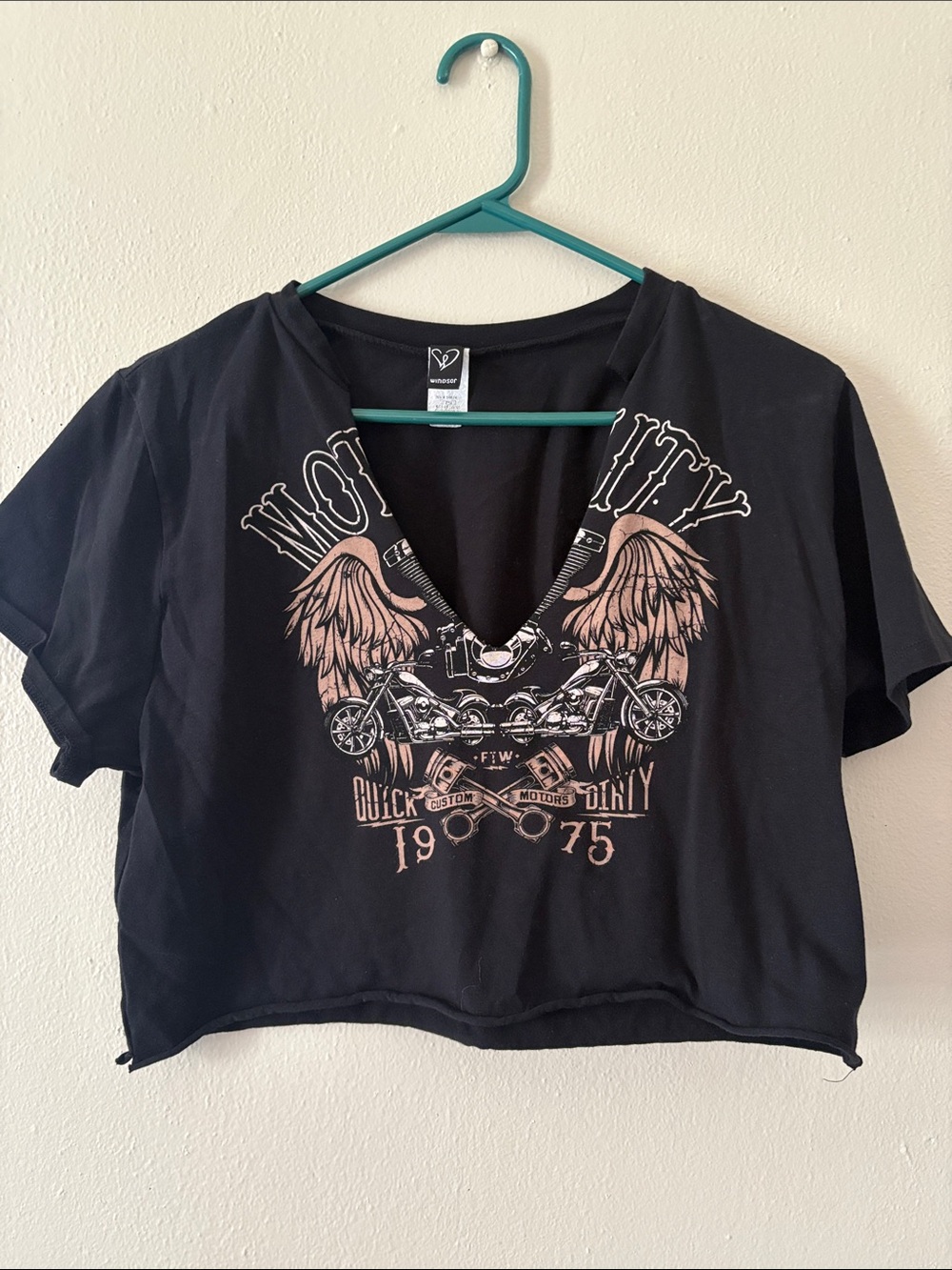 Windsor Black V‑Neck Crop Top with Pink Graphic Wings & Motorcycle